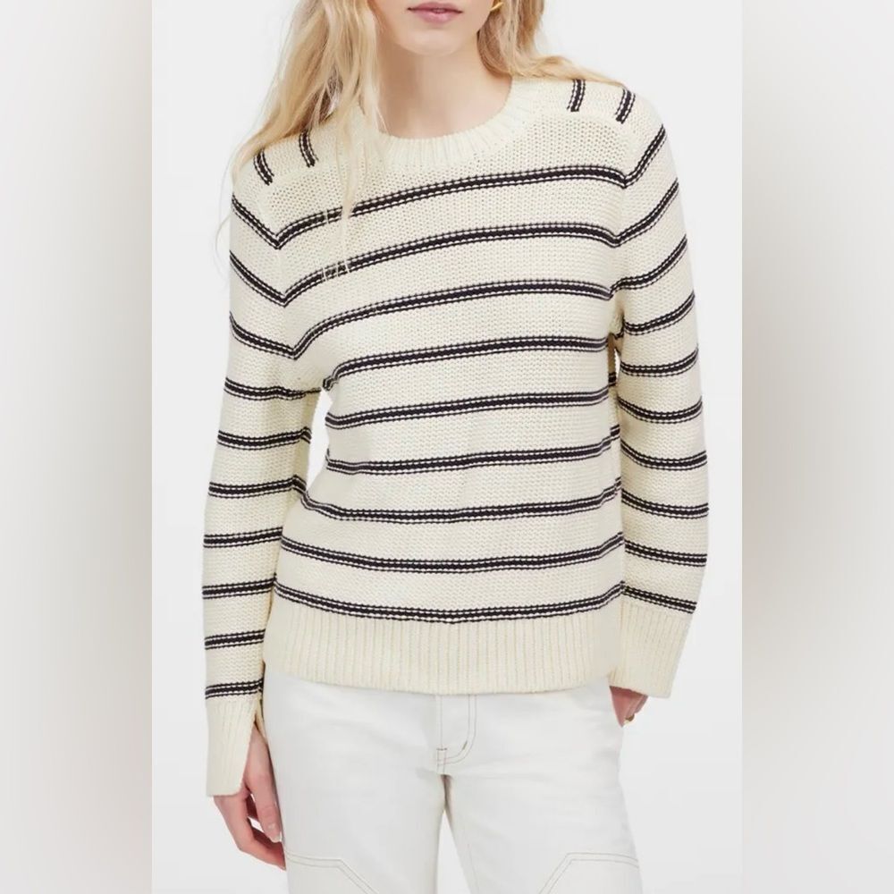 Madewell XL Bright Ivory Navy Stripes Reverse Knit Crewneck Sweater